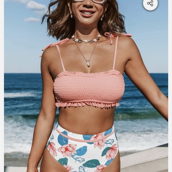 NWT CUPSHE Women's Sweet Smocked Floral Bandeau High Waisted Bikini size XL - Picture 1 of 8